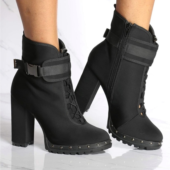 pazzle Shoes - Womens Lycra Side Clip On Buckle Chunky Heel Bootie,Black Size 8.5